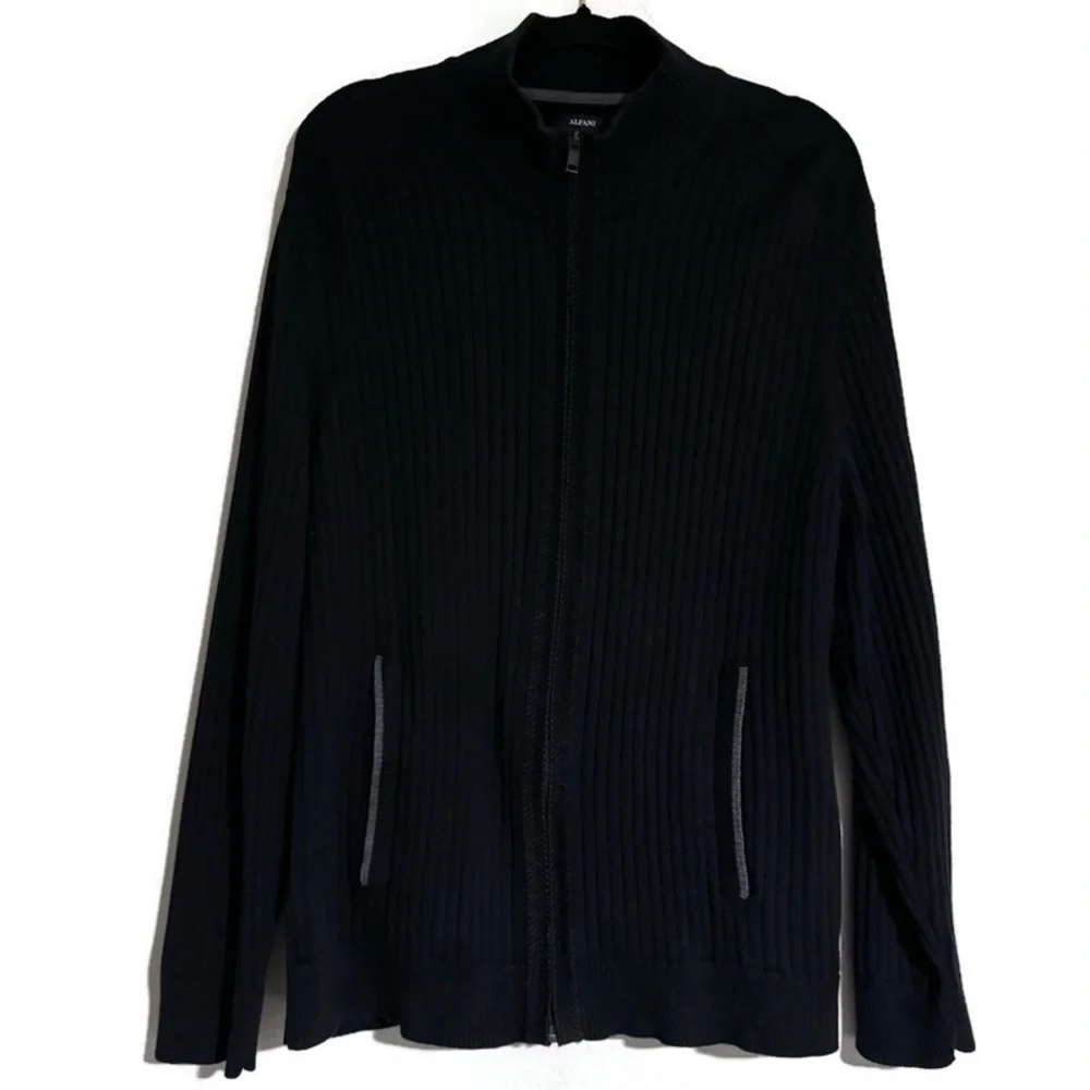 ALFANI RIBBED FULL ZIP BLACK COTTON MEN’S CARDIGAN SWEATER